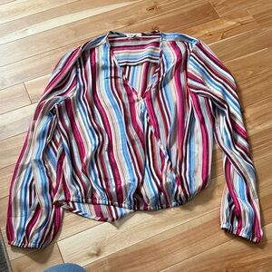 Striped V-Neck Long-Sleeve Blouse in Multi-Color Stripe